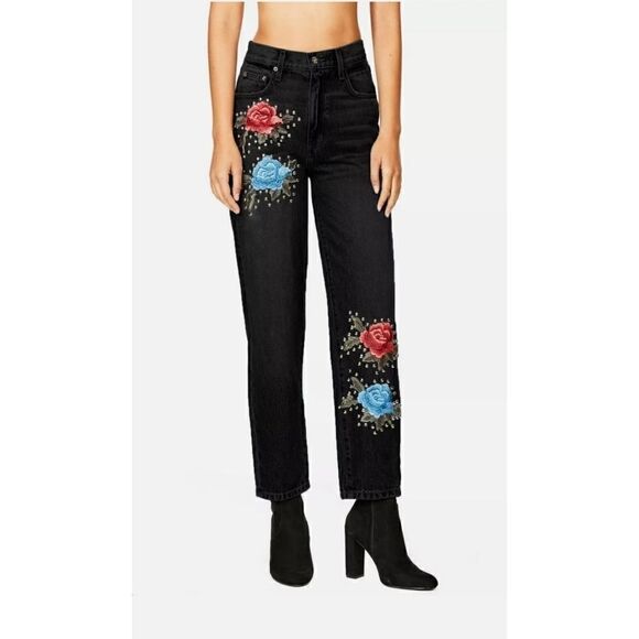 Carmar Black High Rise Rose Embroidered Studded Denim Jeans - Picture 1 of 11